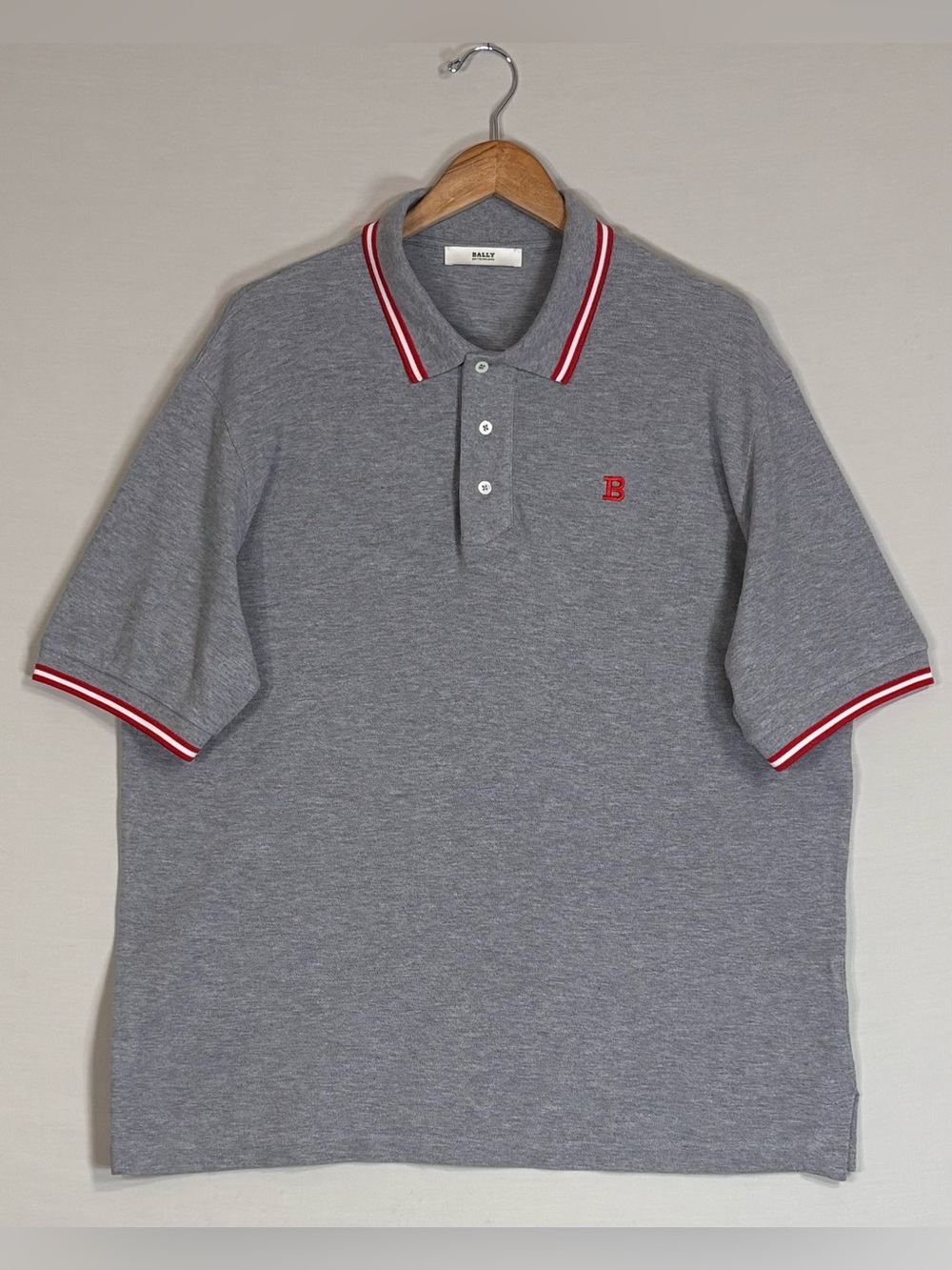 Bally Switzerland Gray Polo Shirt Red Stripe Logo Cotton Men’s 5XL